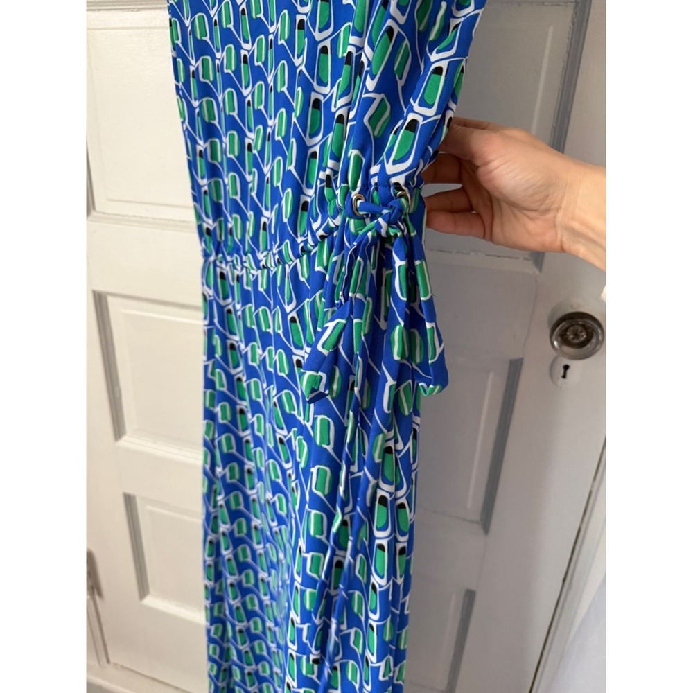 Anne Klein Blue & Green Geometric Sleeveless Maxi Dress Cinched Waist Office Lg - Picture 5 of 17